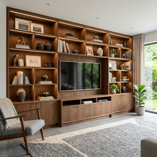 Bibliothèque murale sur-mesure en noyer avec éclairage LED intégré réalisée par MAIB