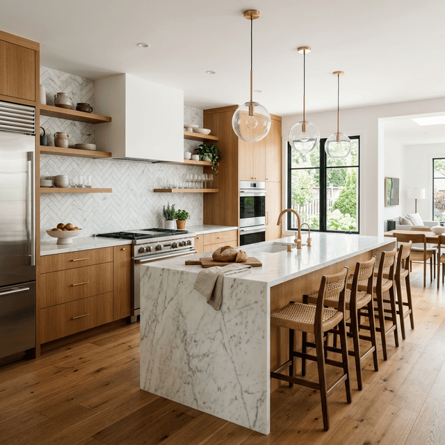 Cuisine moderne rénovée par MAIB avec îlot central en marbre