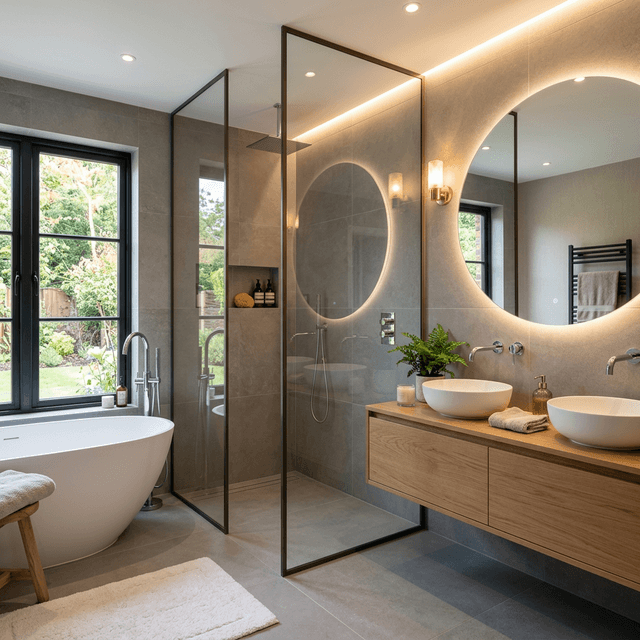 Salle de bain rénovée avec douche italienne et baignoire îlot par MAIB
