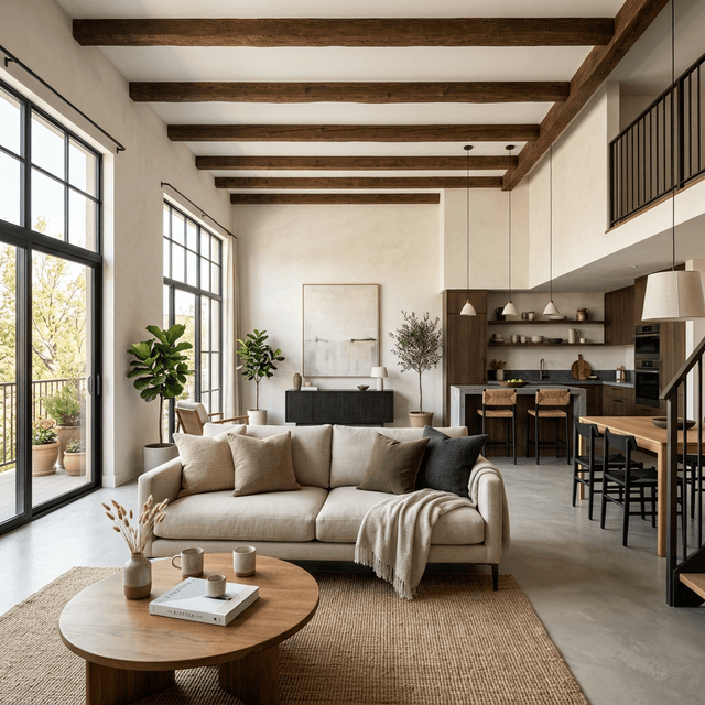 Rénovation complète d'un appartement moderne avec poutres apparentes et cuisine ouverte